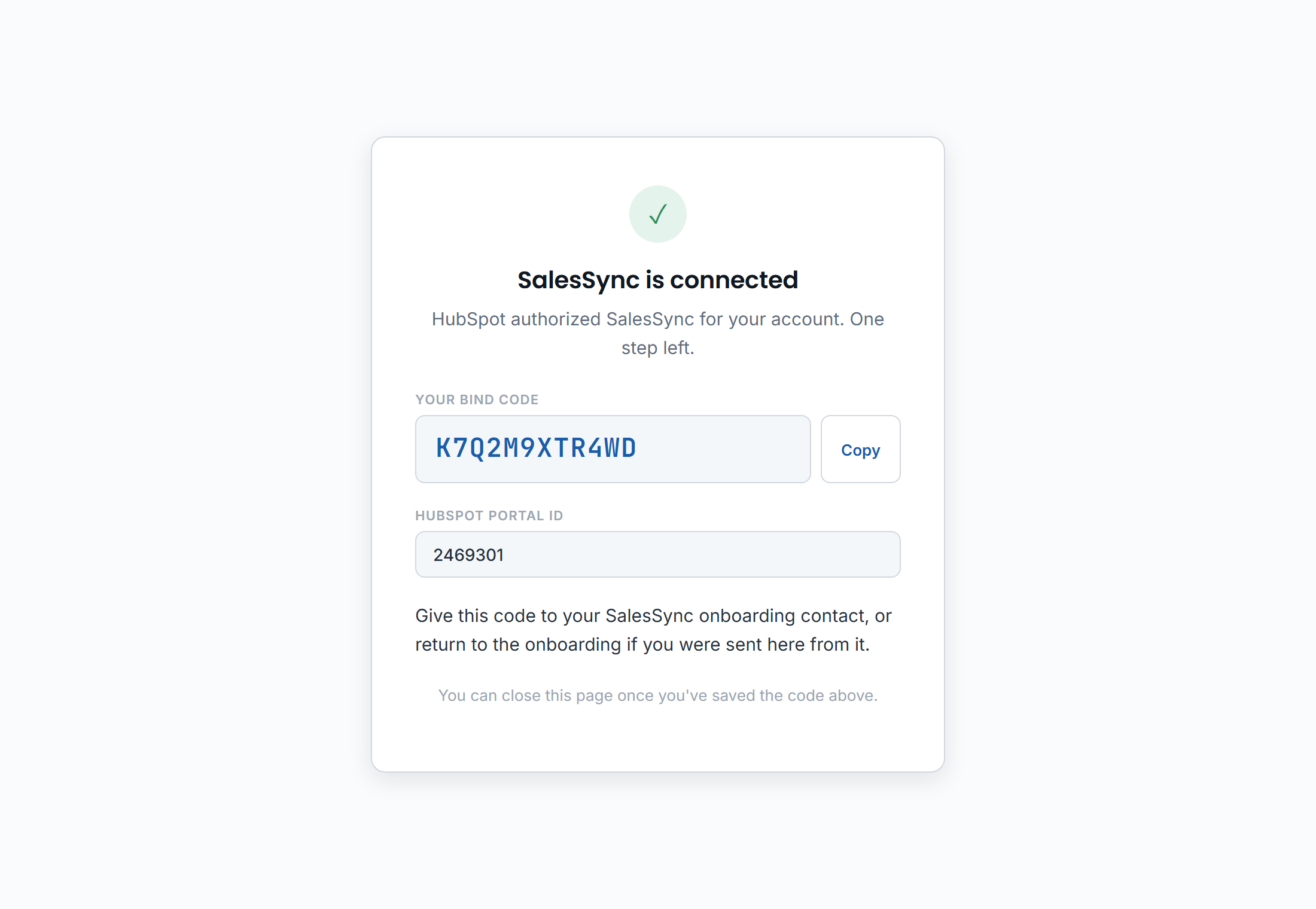 The SalesSync connected page showing a bind code with a Copy button