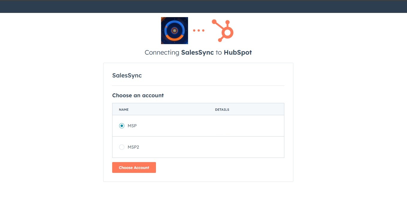 HubSpot's account chooser, listing the accounts you can connect SalesSync to
