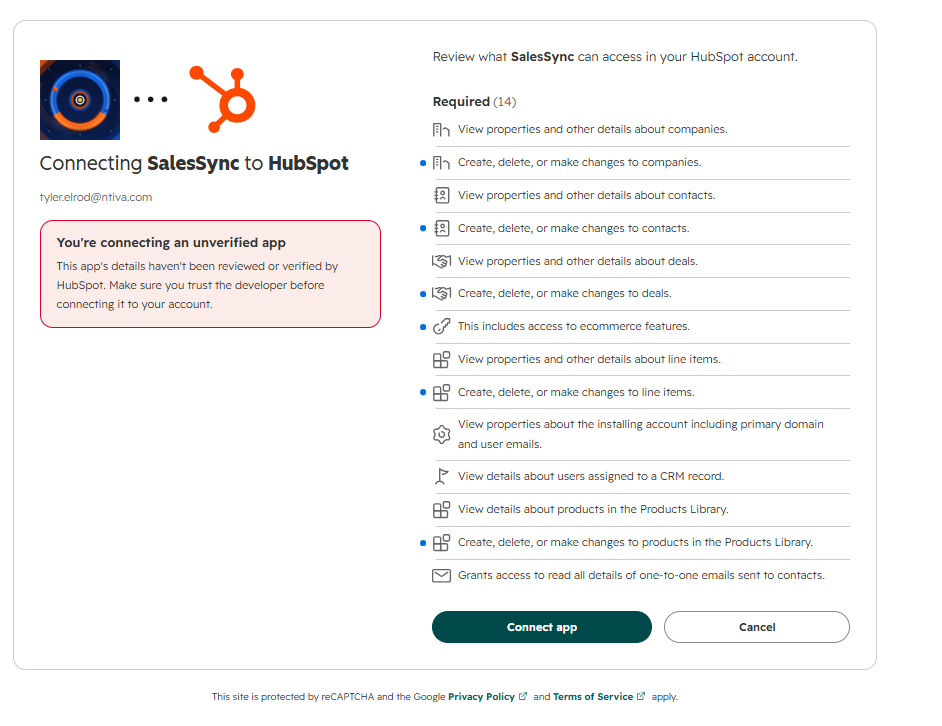 HubSpot's consent screen for SalesSync, listing the 14 permissions it requests