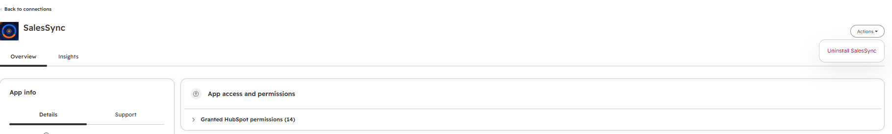 The SalesSync app page in HubSpot, with the Actions menu open on Uninstall SalesSync